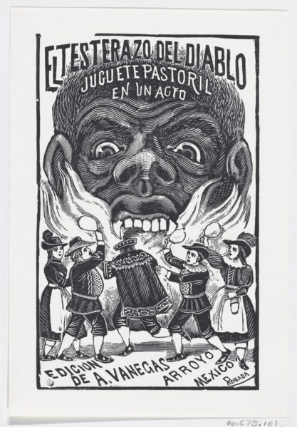 A demon breathing fire and people running around in the foreground, illustration for 'El Testerazo del Diablo,' published by Antonio Vanegas Arroyo, ca. 1880-1910.