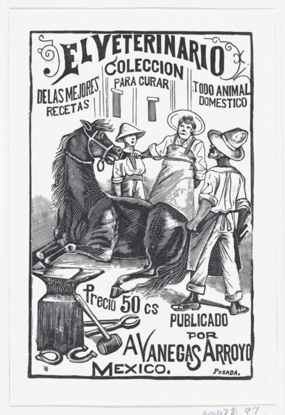 A group of people surrounding a horse, illustration for 'El Veterinario (The Veterinary: Collection of the best prescriptions for curing all domestic animals)' published by Antonio Vanegas Arroyo, ca....