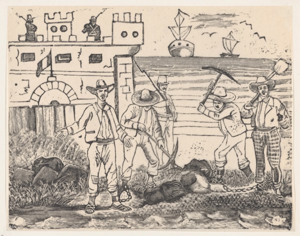 A group of prisoners performing labor by the sea, from a broadside entitled "Ultimas noticias de Gerardo Nevraumont y compañeros' [Treffel, Sousa and Caballero?], 1892.