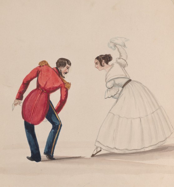 A Peruvian man and woman dancing the Zamacueca, from a group of drawings depicting Peruvian costume, ca. 1848.