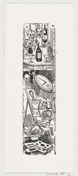 A skeleton painting and another skeleton holding a bottle of liquor, from a broadside entitled 'Aqui esta la calavera del editor popular', ca. 1880-1910.