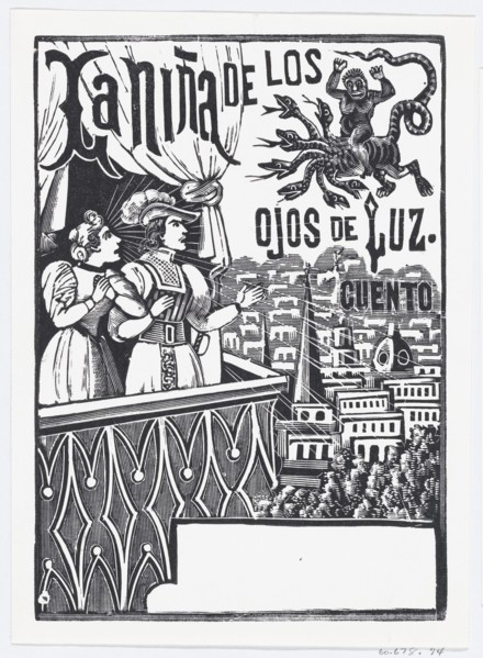 A woman and a man standing on a balcony looking up at a flying monster in the sky, La Niña de los Ojos de Luz, published by Antonio Vanegas Arroyo, ca. 1880-1910.