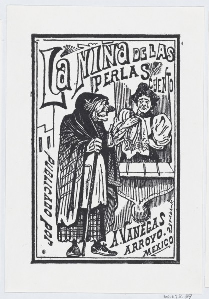 A woman crying with a handkerchief in her hand talking to an old hag, illustration for 'La Niña de las Perlas', published by Antonio Vanegas Arroyo, ca. 1880-1910.