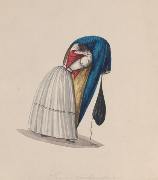A woman getting into her saya viewed from behind, from a group of drawings depicting Peruvian costume, ca. 1848.