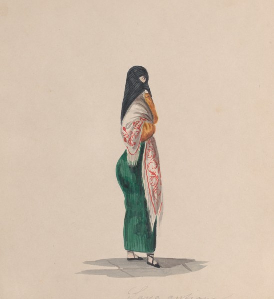 A woman wearing the saya standing in profile, from a group of drawings depicting Peruvian costume, ca. 1848.