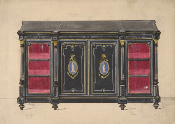 Cabinet Design with Porcelain Plaques and Red Interior, 19th century.