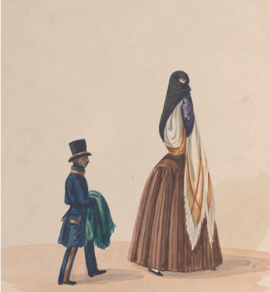 An elegantly dressed woman and her page, from a group of drawings depicting Peruvian costume, ca. 1848.