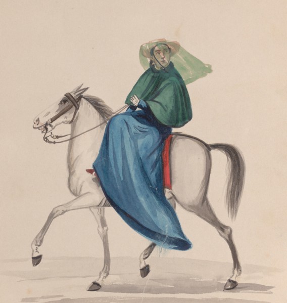 An elegantly dressed woman on horseback, from a group of drawings depicting Peruvian costume, ca. 1848.