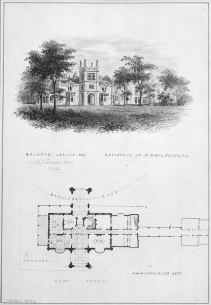 Belmead, James River, Virginia, Residence of Philip St. George Cocke (vignette of riverside elevation and plan), 1845.