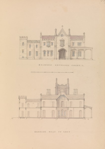Belmead, James River, Virginia: Entrance façade and west-east section (recto); North-south section and upper floorplan (verso), 1845.