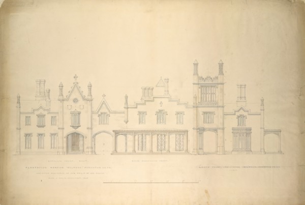 Belmead, Plantation Mansion for Philip St. George Cocke, Powhatan Co., Virginia (partial elevations of entrance facade, greenhouse facade and James River facade, shown as continuous), 1846.