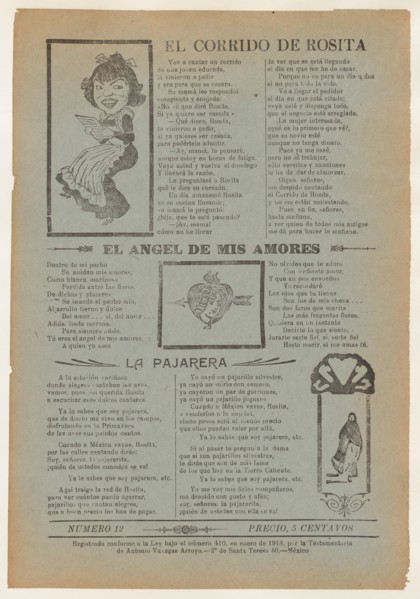 Broadsheet featuring three love ballads with vignettes showing a woman reading, a woman's head in a heart pierced by an arrow and a woman walking, 1918 (published).