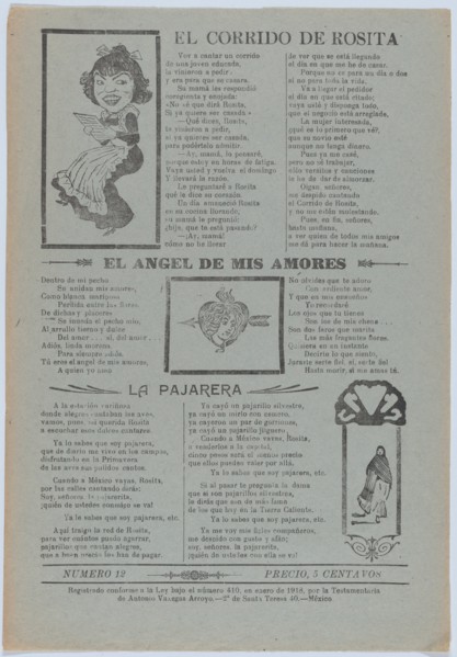 Broadsheet featuring three love ballads with vignettes showing a woman reading, a woman's head in a heart pierced by an arrow and a woman walking, 1918 (published).