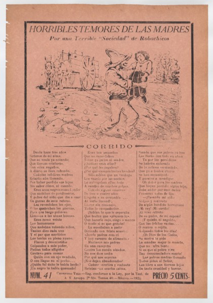 Broadsheet relating to a fear of kidnappers, a kidnapper grabbing a child in a field while a horse carriage waits in the background, ca. 1920 (published).