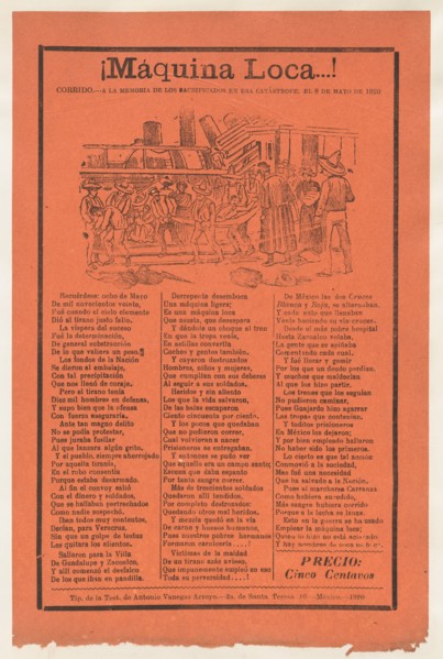 Broadsheet relating to a train accident that killed many people, wounded victims being carried on stretchers, 1920 (published).