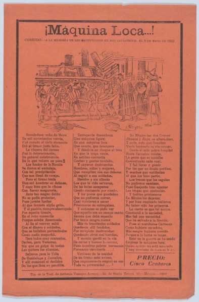Broadsheet relating to a train accident that killed many people, wounded victims being carried on stretchers, 1920 (published).