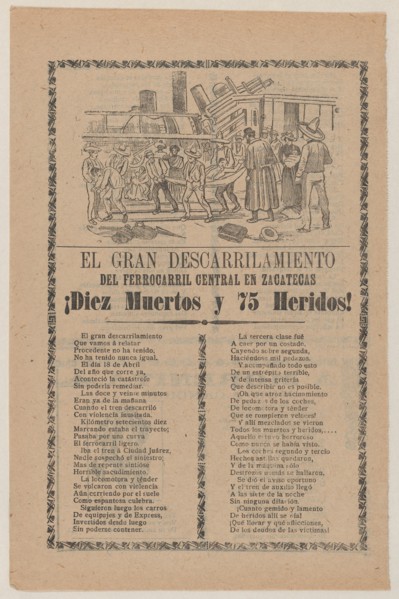 Broadsheet relating to a train that derailed in Zacatecas on 18 April 1904, a description in the bottom section, 1904.