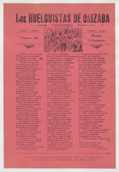 Broadsheet relating to a workers' strike in Orizaba, workers holding up the Mexican flag, flanked by soldiers, 1920 (published).