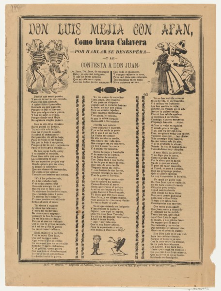 Broadsheet relating to Don Luis Mejia con Afan, a corrido (ballad) in the bottom section, 1907.