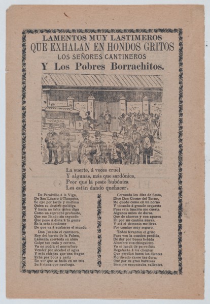 Broadsheet relating to men who frequent bars, different groups of men walking in the streets and one man running after a trolley car, ca. 1903.