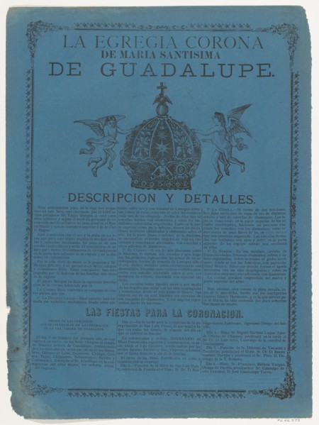 Broadsheet relating to the crown of the Virgin of Guadalupe, ca. 1890-1910.