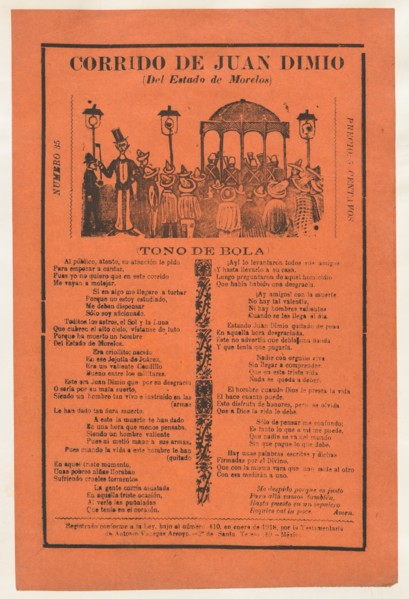 Broadsheet relating to the death of Juan Dimio, crowd of people gathered around a gazebo while a man wearing a top hat looks out toward viewer, 1918 (published).