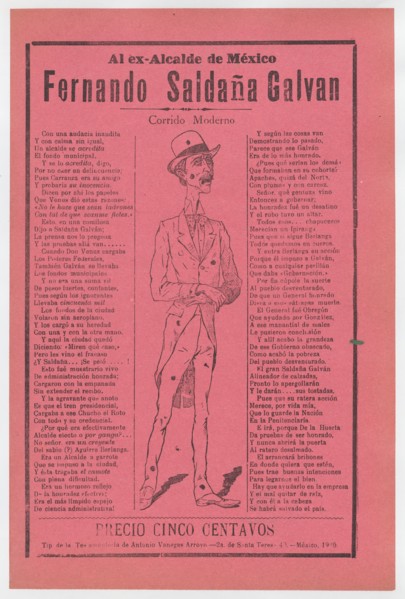 Broadsheet relating to the ex mayor of Mexico, Fernando Saldaña Galvan, who is standing in the center covered in holes, ca. 1920 (published).