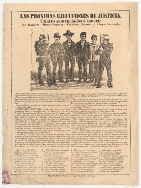 Broadsheet relating to the execution of four men in the name of justice [Izaguirre, Martinez, Guerrero and Fernandez], ca. 1890-1910.