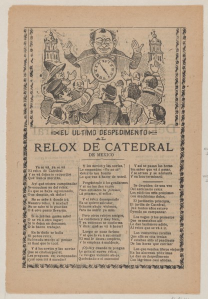 Broadsheet relating to the new clock installed in the cathedral in Mexico City in June 1905, 1905.