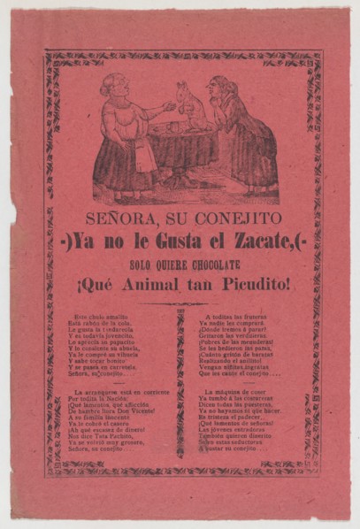 Broadsheet relating to the rabbit that does not like hay but only chocolate, a corrida in the bottom section, 1903.