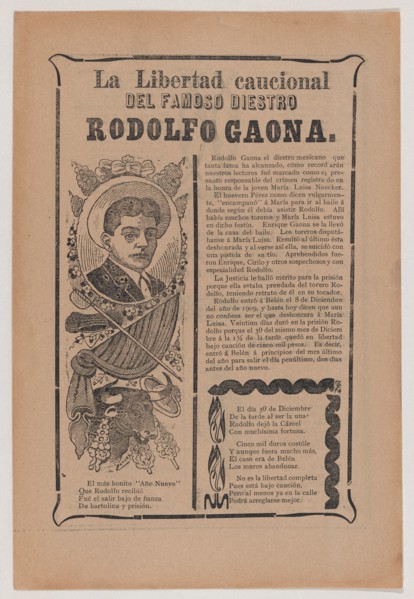 Broadsheet relating to the skillful bullfighter Rodolfo Gaona, ca. 1909.