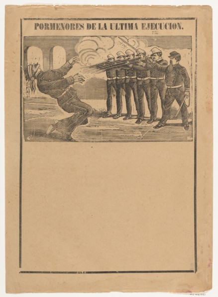 Broadsheet showing a blindfolded man being executed (no letterpress in bottom section), ca. 1890-1910.