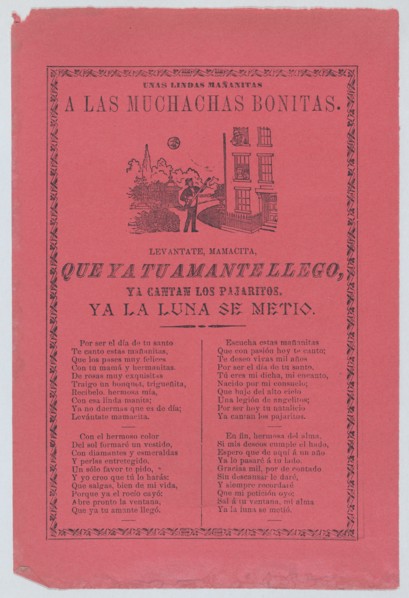 Broadsheet with a ballad about a man who stands outside his lover's window and sings to her, ca.1905.