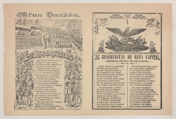 Broadsheet with a song about a military reserve, military personnel in formation, ca. 1890-1910.