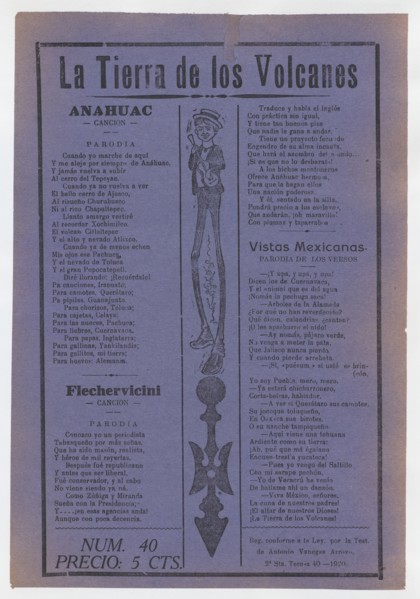 Broadsheet with comic ballads about Mexico, figure with long legs playing the guitar, 1920 (published).