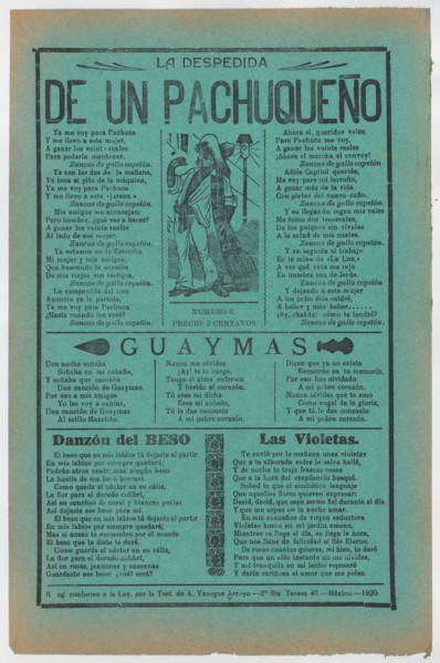 Broadsheet with love songs, man wearing a sarape standing in the street, ca. 1920 (published).