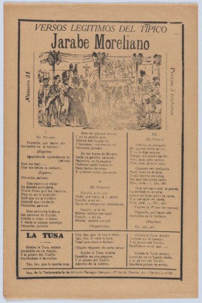 Broadsheet with songs for a Mexican courtship dance called the 'Jarabe Moreliano', a crowd of people and muscians, ca. 1919 (published).