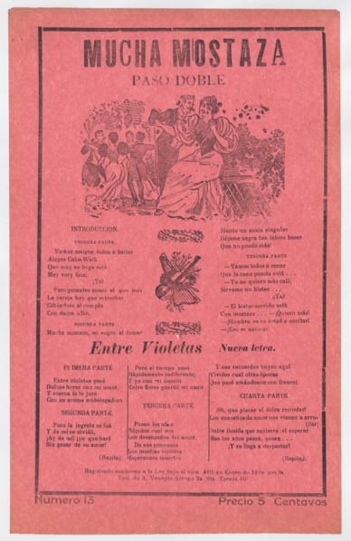 Broadsheet with songs for a two-step dance (paso doble), a man and woman talking while elegantly dressed couples dance in the background, ca. 1918 (published).