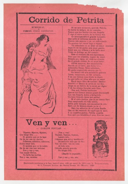 Broadsheet with two different love songs, woman wearing an evening gown sitting on the edge of her seat and another woman holding a cup, ca. 1918 (published).