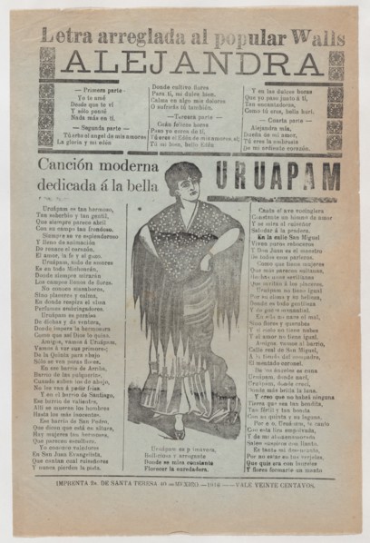 Broadsheet with two love ballads about desirable women, a woman wearing a shawl and a skirt with her hands placed on her hips, 1916 (published).