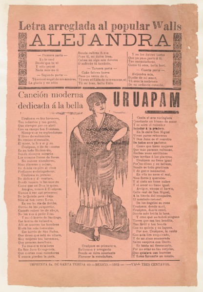 Broadsheet with two narrative love ballads about desirable women, woman wearing a shawl and a skirt with her hands placed on her hips, 1915 (published).