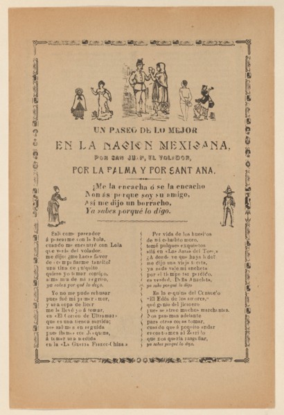Broadside detailing a religious procession for Saint John and Saint Ana, multiple figures dancing and celebrating, ca. 1900-1913.