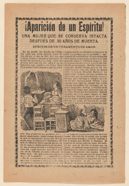 Broadside relating to a news story about an apparition of a spirit, women sitting up in bed looking at a ghost, ca. 1900-1913.