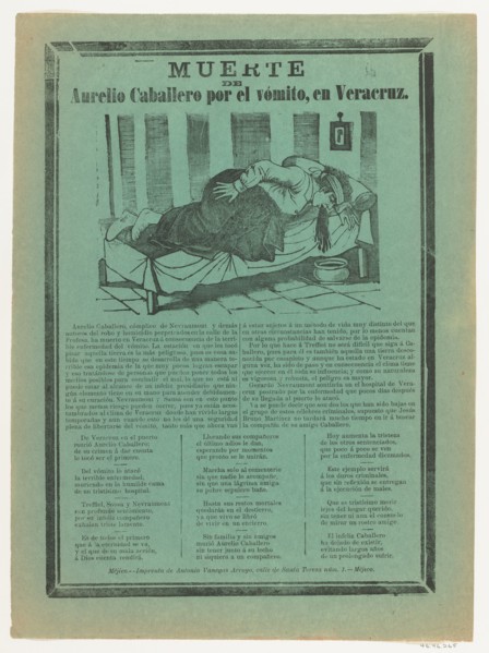 Broadside relating to Aurelio Cabellero who died from vomiting, ca. 1890-1900.