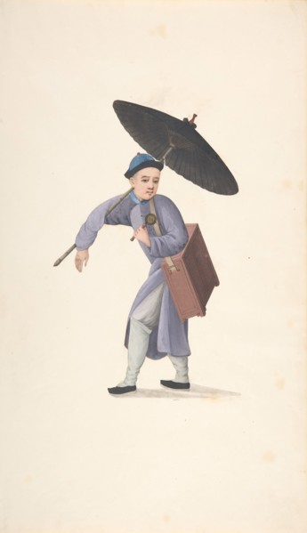 Chinese Man with Parasol, Rattle and Box, 19th century.