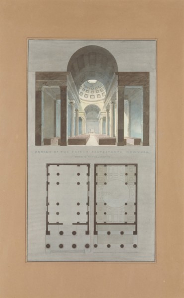 Church of the French Protestants (Eglise Français du Saint Esprit), New York (section and plan), 1831-34.