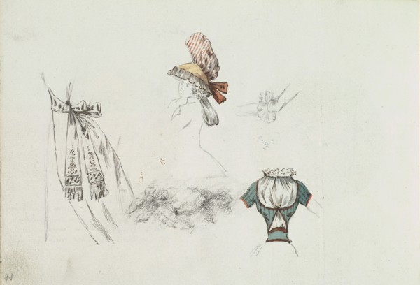 Costume Design Sketches including a Bouffant Skirt, Hat, and Bodice, ca. 1785-90.