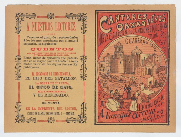 Cover for 'Cantares Oaxaqueños: Nueva Coleccion de Canciones Modernas para 1898', couples walking arm in arm on the outskirts of a town, ca. 1898.