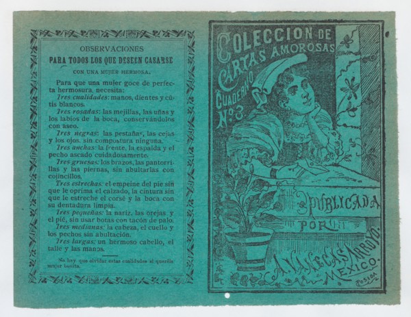 Cover for 'Coleccion de Cartas Amorosas Cuaderno No. 3', a young woman holding a letter and resting her head on her hand as she looks out a window, ca. 1900.
