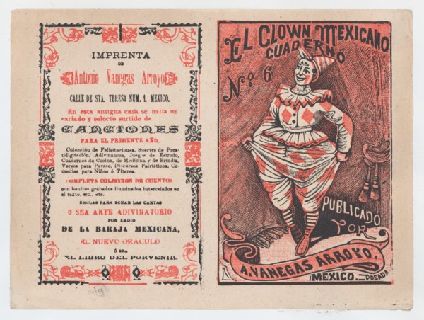 Cover for 'El Clown Mexicano: Cuaderno No. 6', a clown tugging at his pants, ca. 1880-1910.